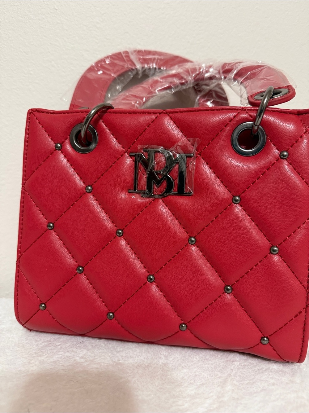 Bradley Mischka Quilted Red Satchel with Metal Monogram Accent